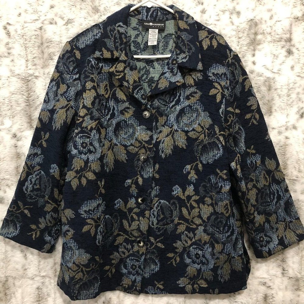 Sag Harbor Jacket Womens 16W Blue Floral Tapestry Unlined